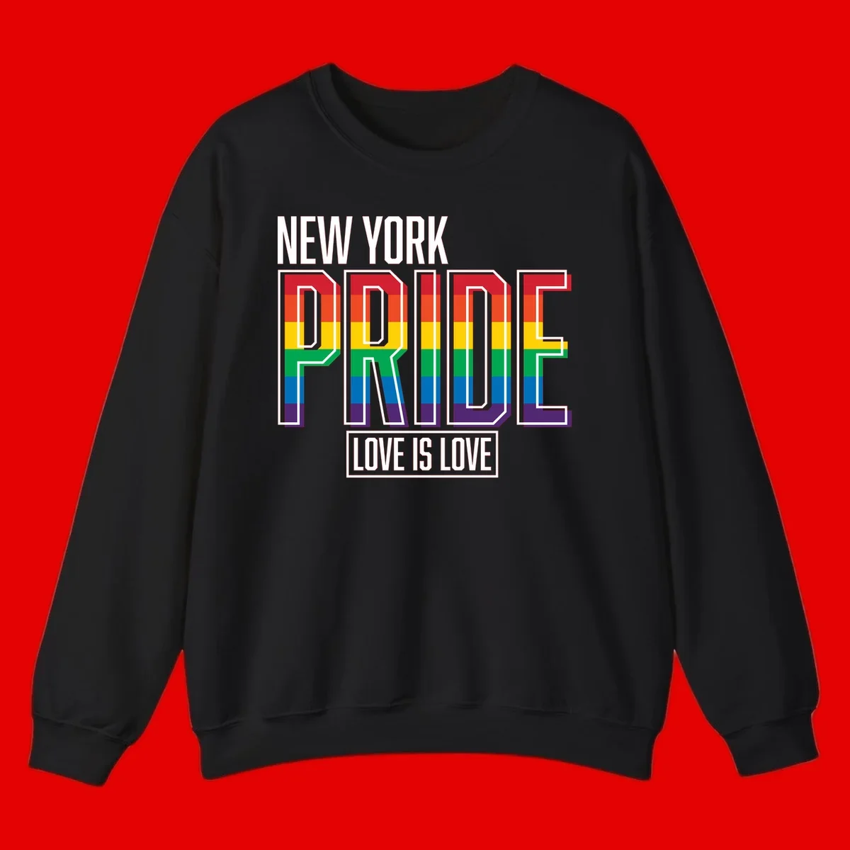 New York Pride Love Is Love design with bold rainbow-striped letters and pride flag colors on gray background