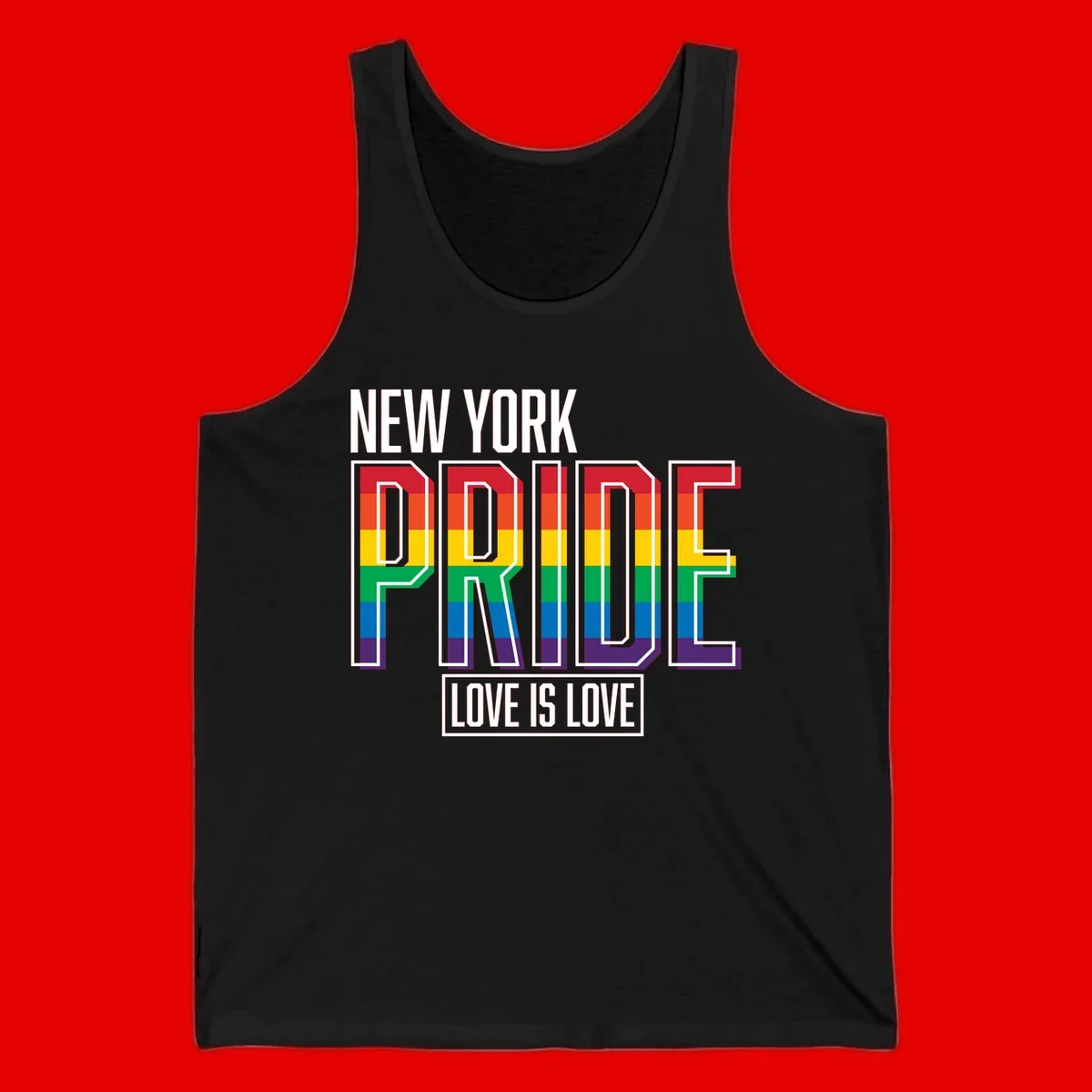 New York Pride Love Is Love design with bold rainbow-striped letters and pride flag colors on gray background