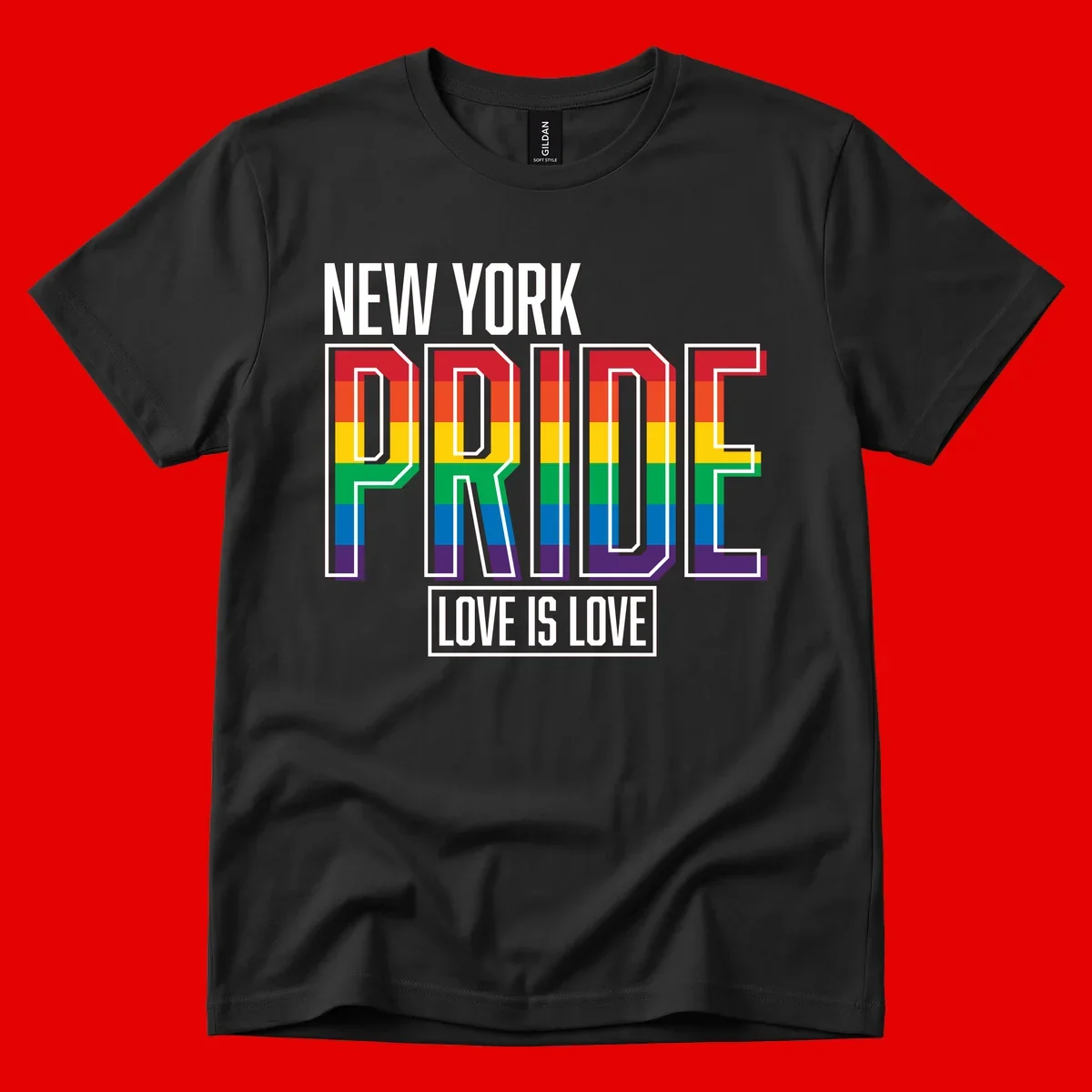 New York Pride Love Is Love design with bold rainbow-striped letters and pride flag colors on gray background