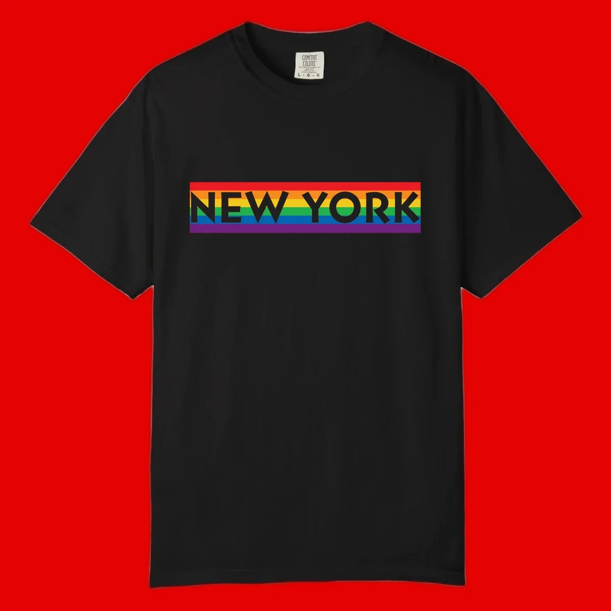 New York pride rainbow design with gray text over six-color pride flag stripes in red, orange, yellow, green, blue, and purple