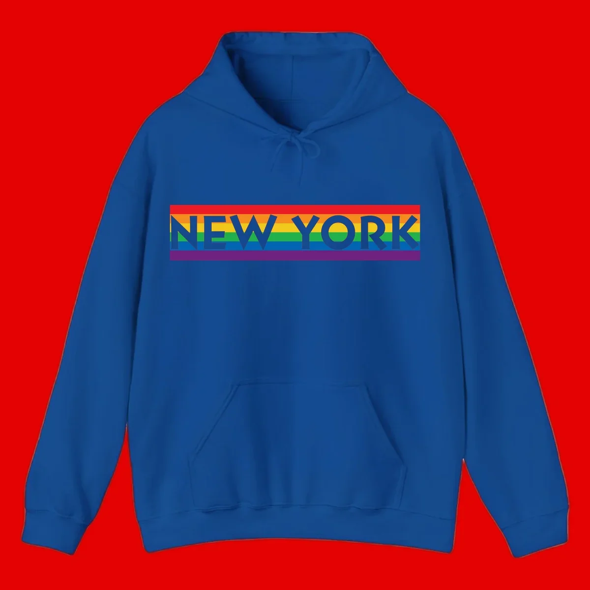 New York pride rainbow design with gray text over six-color pride flag stripes in red, orange, yellow, green, blue, and purple