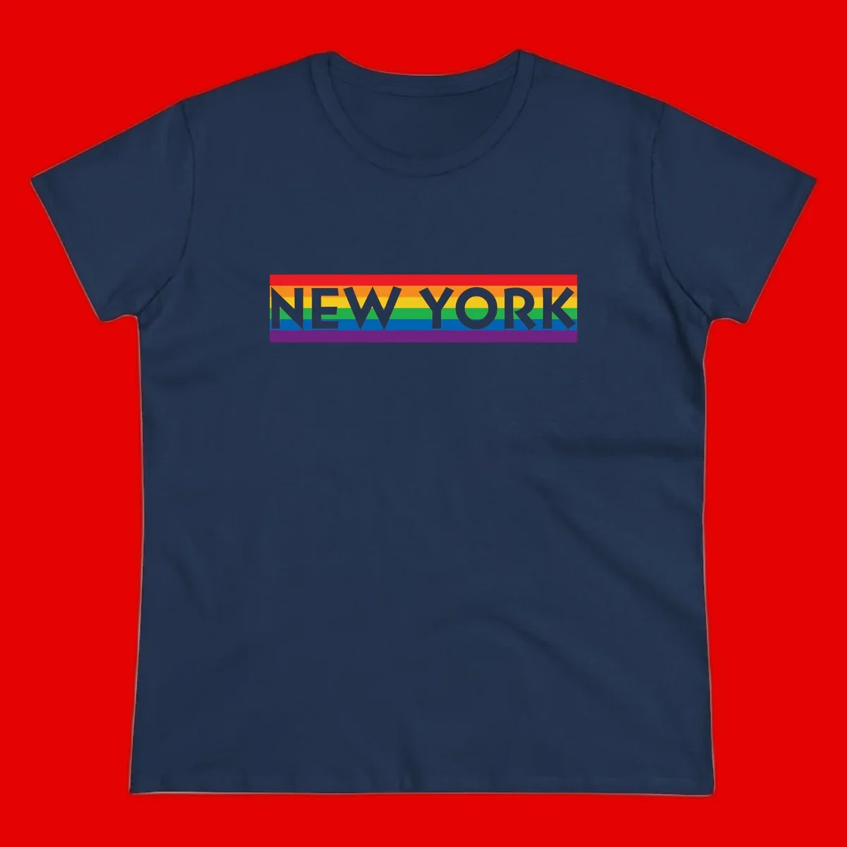 New York pride rainbow design with gray text over six-color pride flag stripes in red, orange, yellow, green, blue, and purple