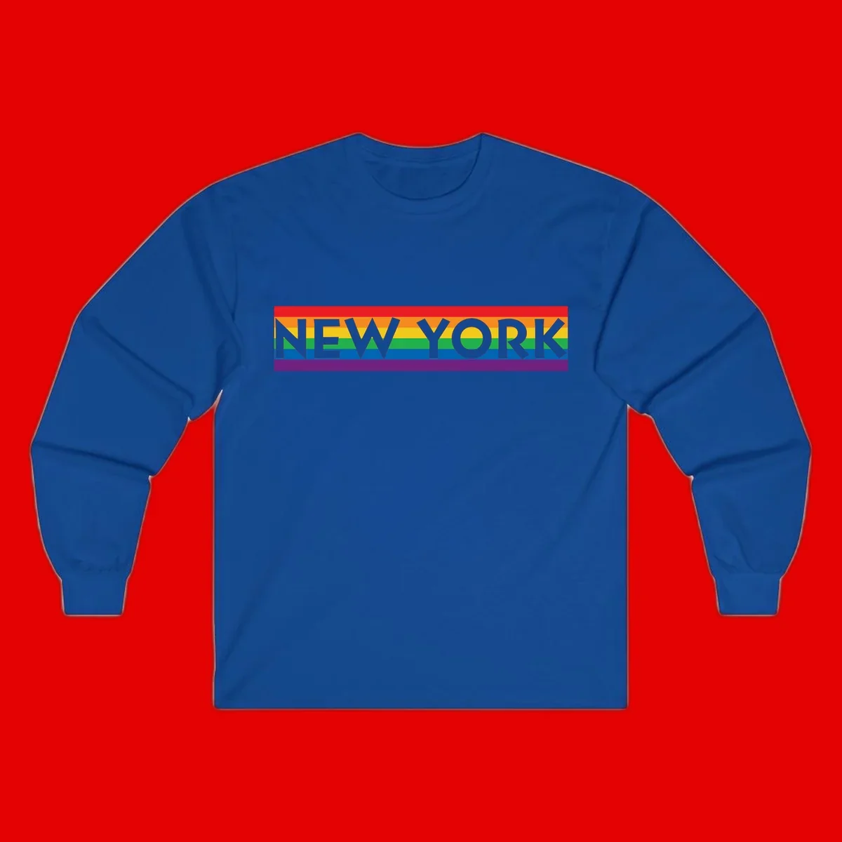 New York pride rainbow design with gray text over six-color pride flag stripes in red, orange, yellow, green, blue, and purple