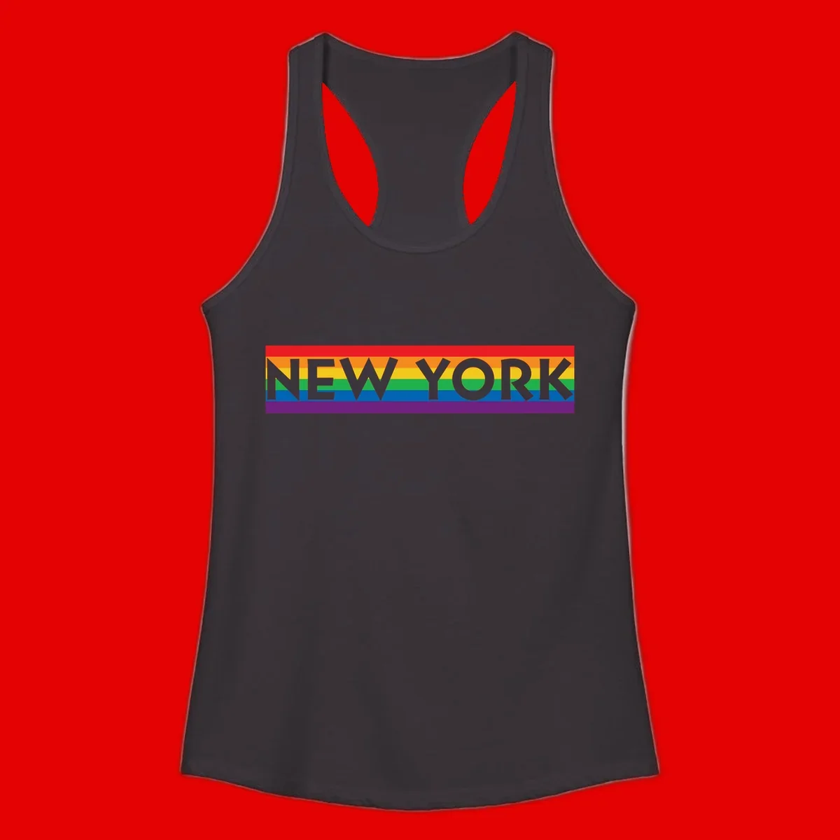 New York pride rainbow design with gray text over six-color pride flag stripes in red, orange, yellow, green, blue, and purple