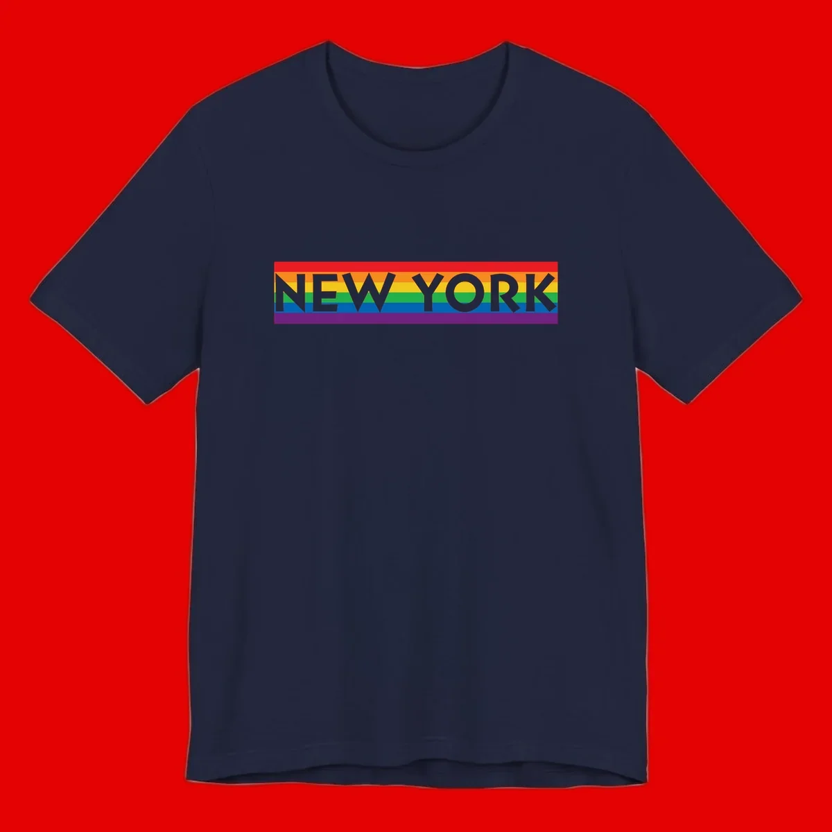 New York pride rainbow design with gray text over six-color pride flag stripes in red, orange, yellow, green, blue, and purple