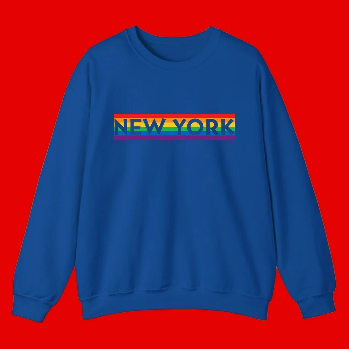 New York pride rainbow design with gray text over six-color pride flag stripes in red, orange, yellow, green, blue, and purple