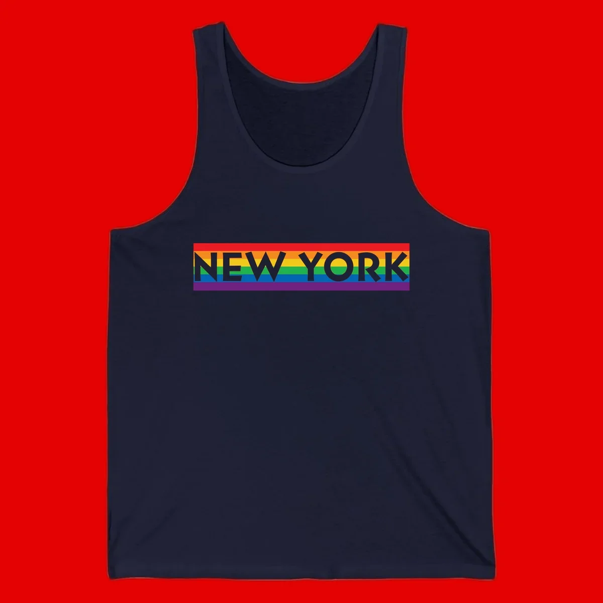 New York pride rainbow design with gray text over six-color pride flag stripes in red, orange, yellow, green, blue, and purple