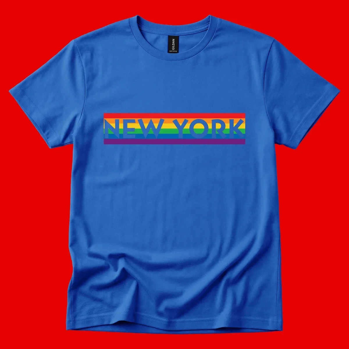 New York pride rainbow design with gray text over six-color pride flag stripes in red, orange, yellow, green, blue, and purple