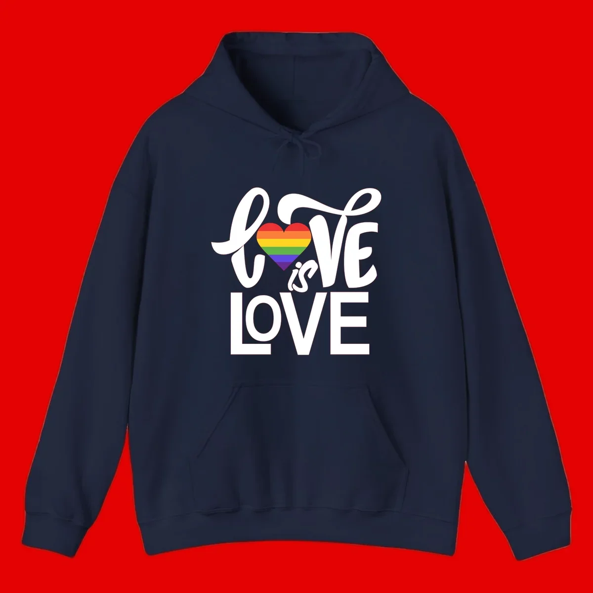 White text reading 'LOVE is LOVE' with a rainbow-striped heart in the center on gray background