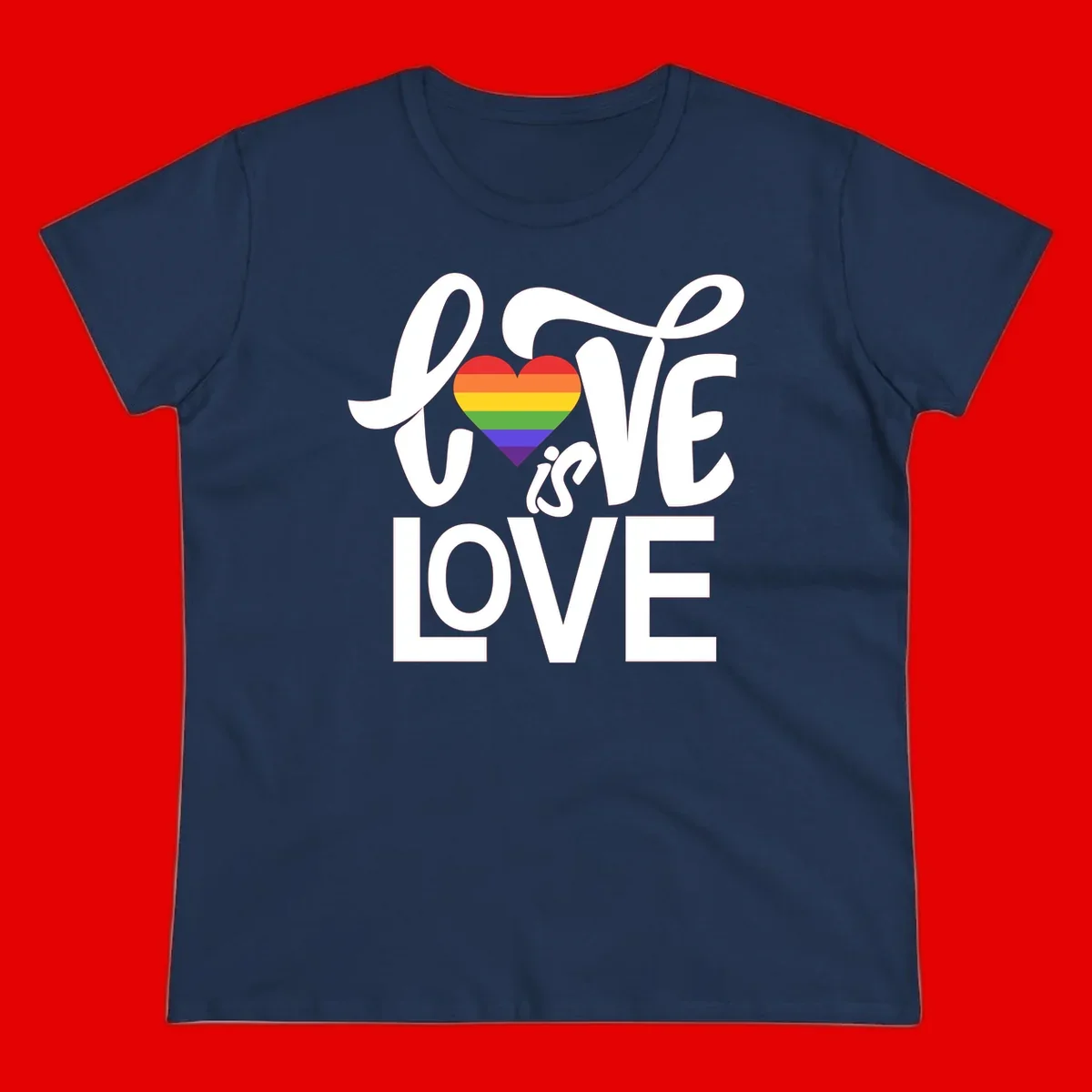 White text reading 'LOVE is LOVE' with a rainbow-striped heart in the center on gray background