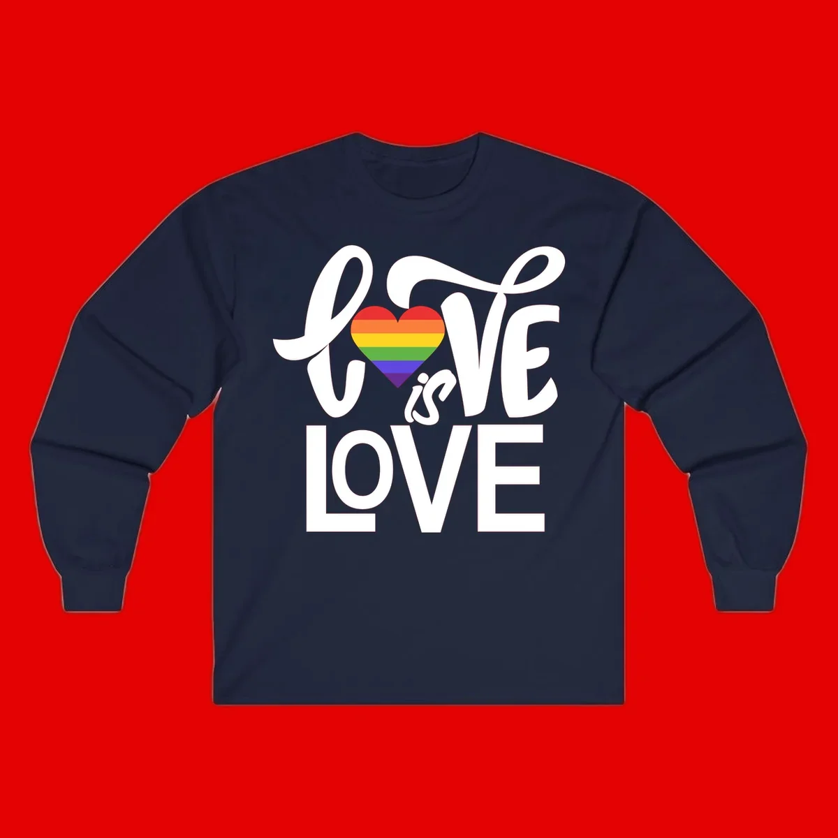 White text reading 'LOVE is LOVE' with a rainbow-striped heart in the center on gray background