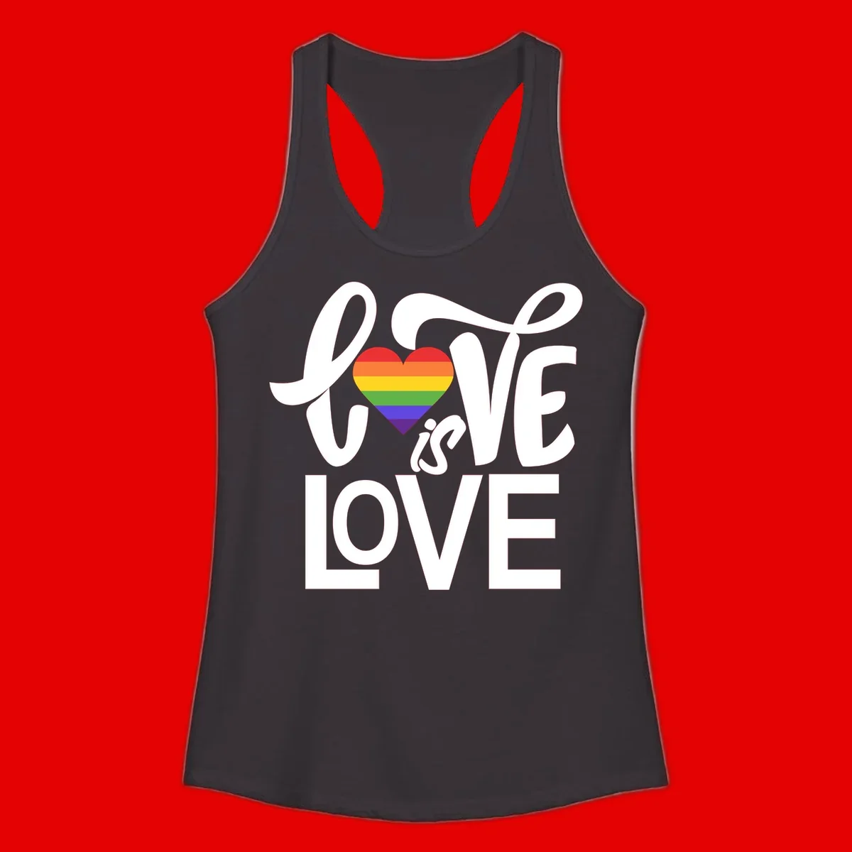 White text reading 'LOVE is LOVE' with a rainbow-striped heart in the center on gray background