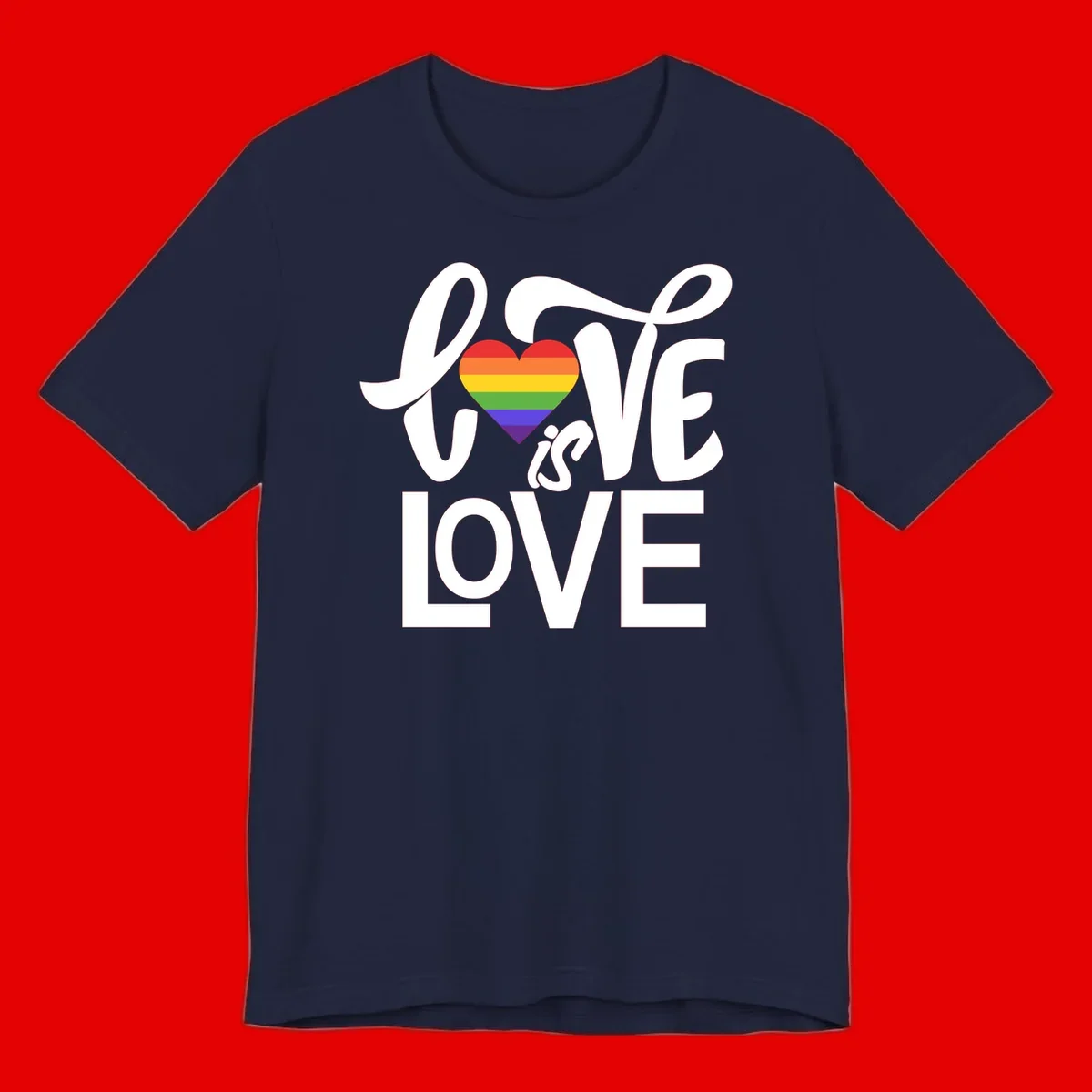 White text reading 'LOVE is LOVE' with a rainbow-striped heart in the center on gray background