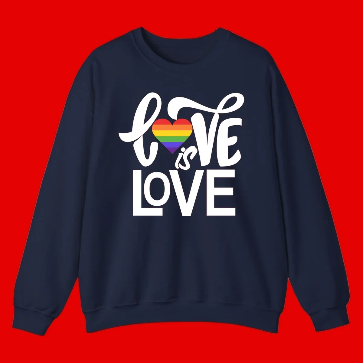 White text reading 'LOVE is LOVE' with a rainbow-striped heart in the center on gray background