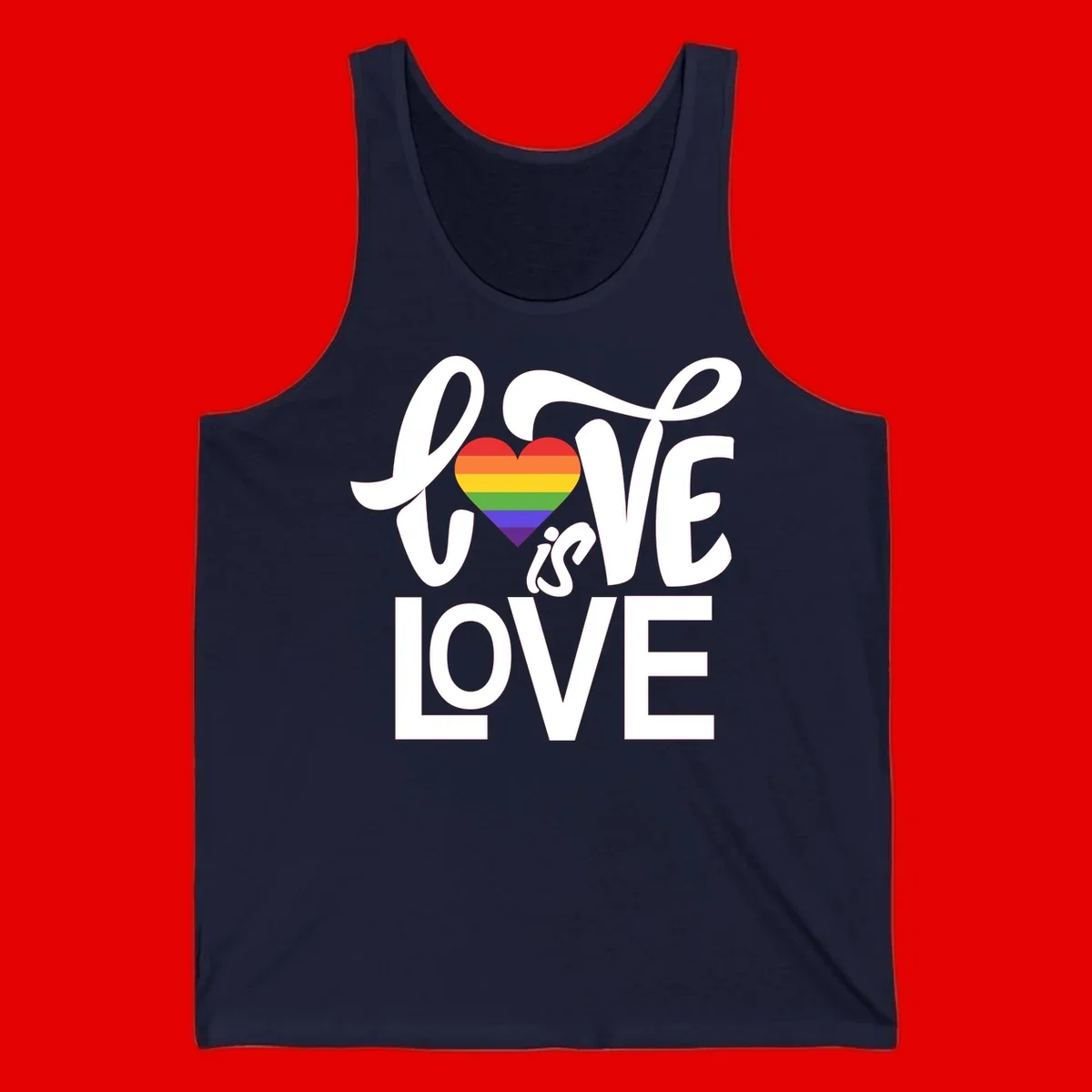 White text reading 'LOVE is LOVE' with a rainbow-striped heart in the center on gray background