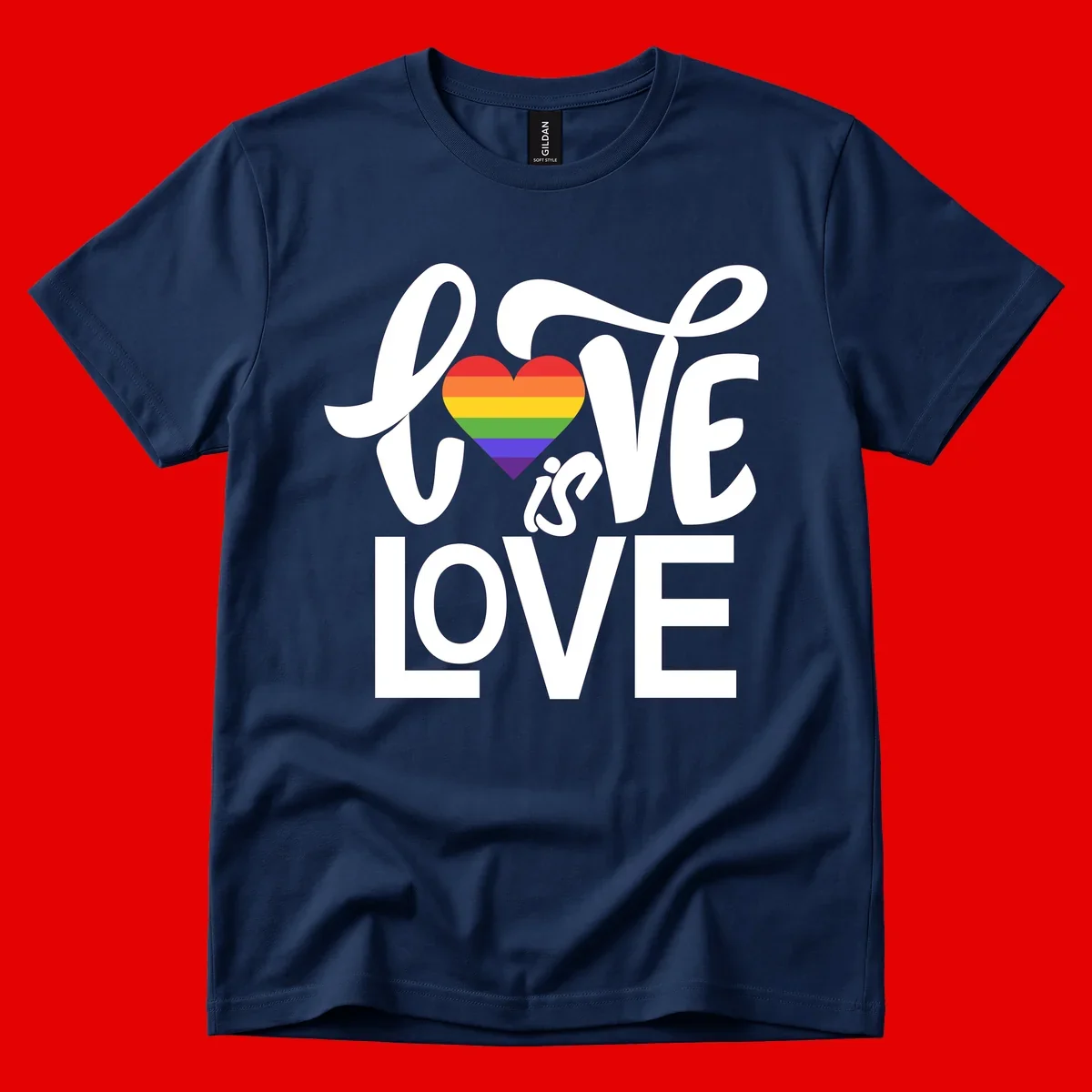 White text reading 'LOVE is LOVE' with a rainbow-striped heart in the center on gray background
