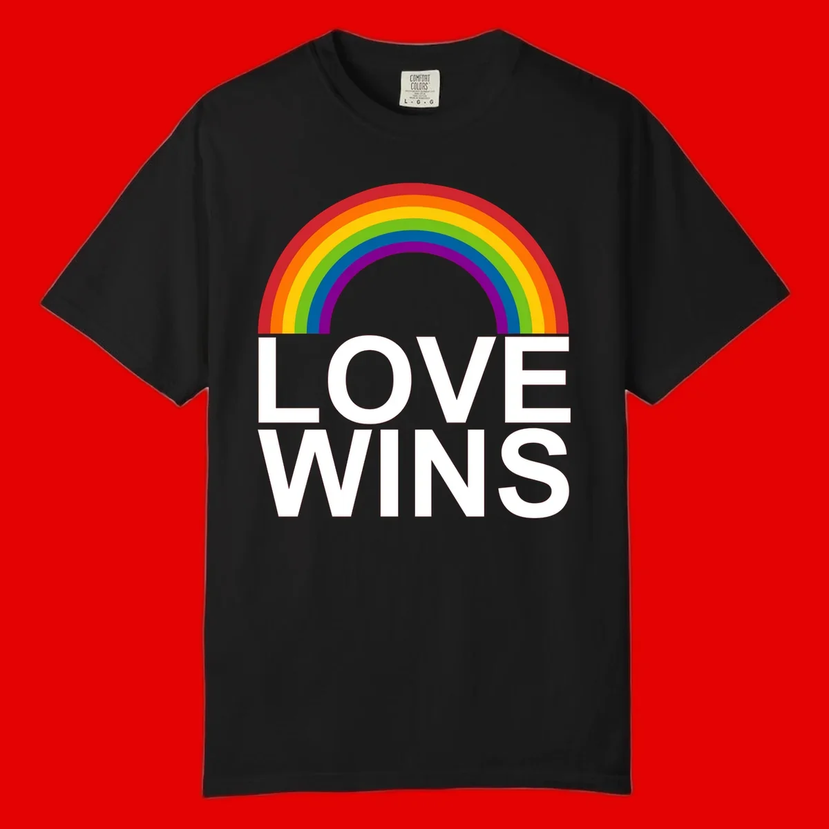 Rainbow arc above white text reading 'Love Wins' on gray background, pride equality design
