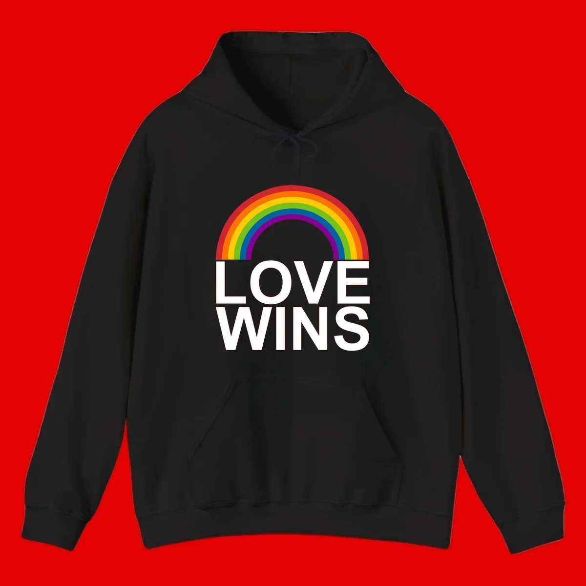 Rainbow arc above white text reading 'Love Wins' on gray background, pride equality design