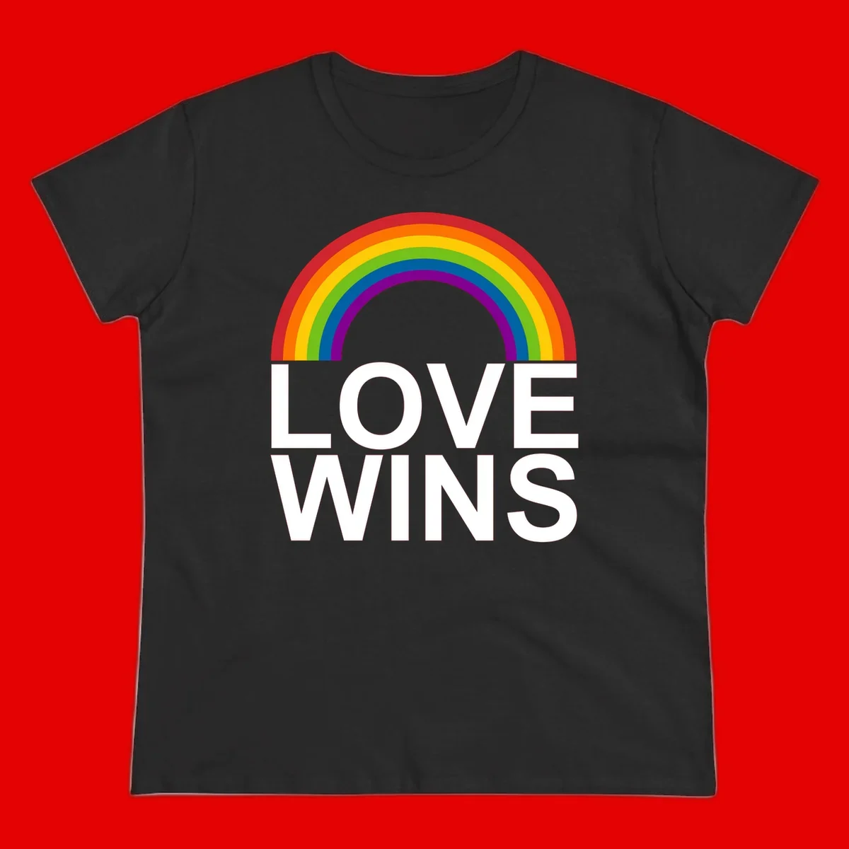 Rainbow arc above white text reading 'Love Wins' on gray background, pride equality design