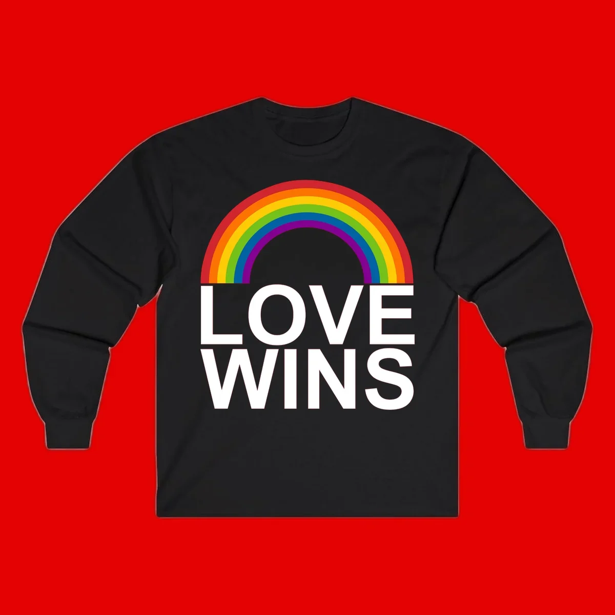 Rainbow arc above white text reading 'Love Wins' on gray background, pride equality design