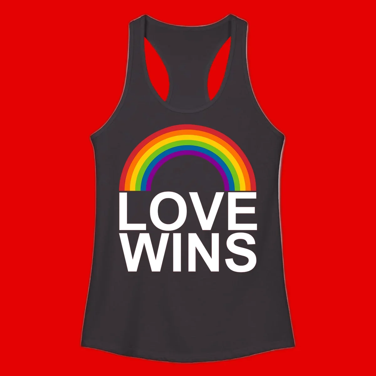 Rainbow arc above white text reading 'Love Wins' on gray background, pride equality design