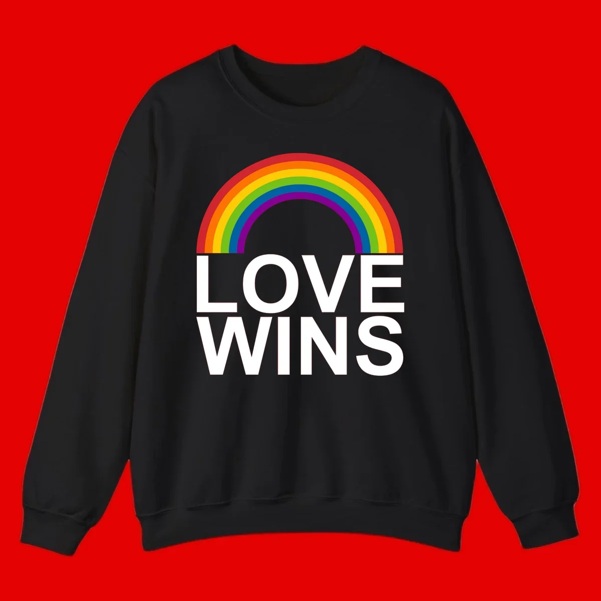 Rainbow arc above white text reading 'Love Wins' on gray background, pride equality design