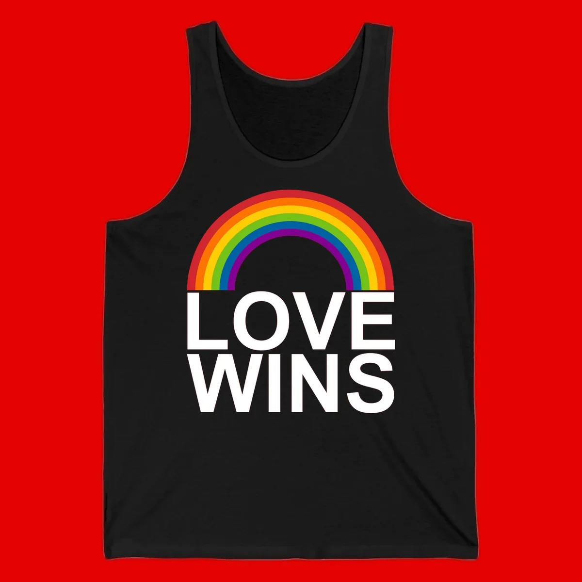 Rainbow arc above white text reading 'Love Wins' on gray background, pride equality design