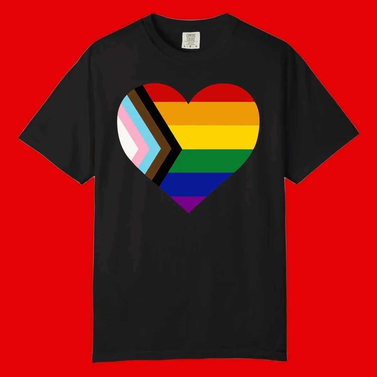 Heart-shaped design combining progress pride flag chevron on left with rainbow pride flag stripes on right side