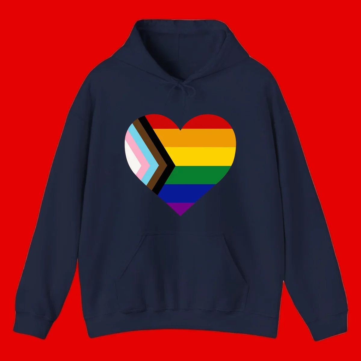 Heart-shaped design combining progress pride flag chevron on left with rainbow pride flag stripes on right side