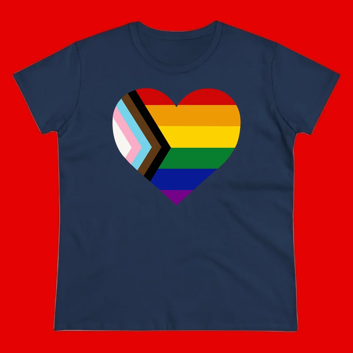 Heart-shaped design combining progress pride flag chevron on left with rainbow pride flag stripes on right side