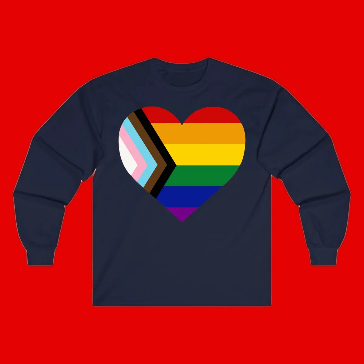 Heart-shaped design combining progress pride flag chevron on left with rainbow pride flag stripes on right side