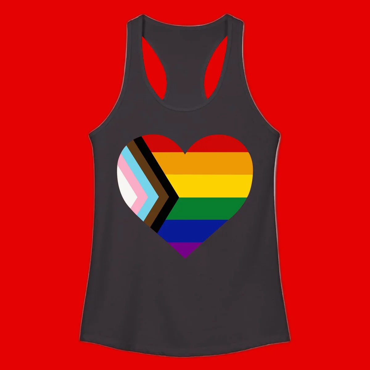 Heart-shaped design combining progress pride flag chevron on left with rainbow pride flag stripes on right side
