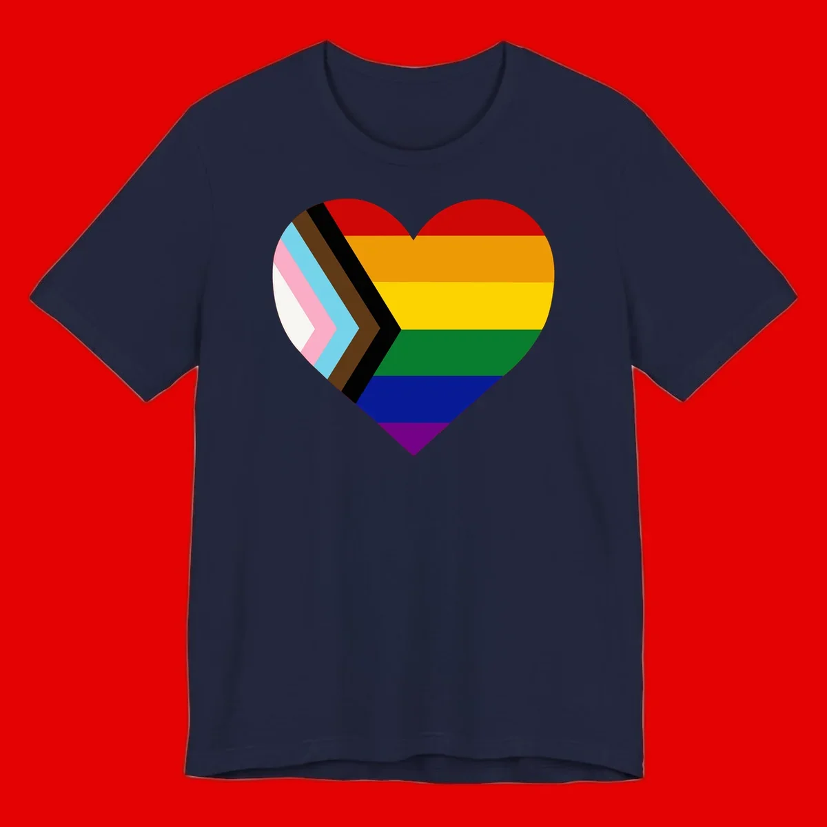 Heart-shaped design combining progress pride flag chevron on left with rainbow pride flag stripes on right side