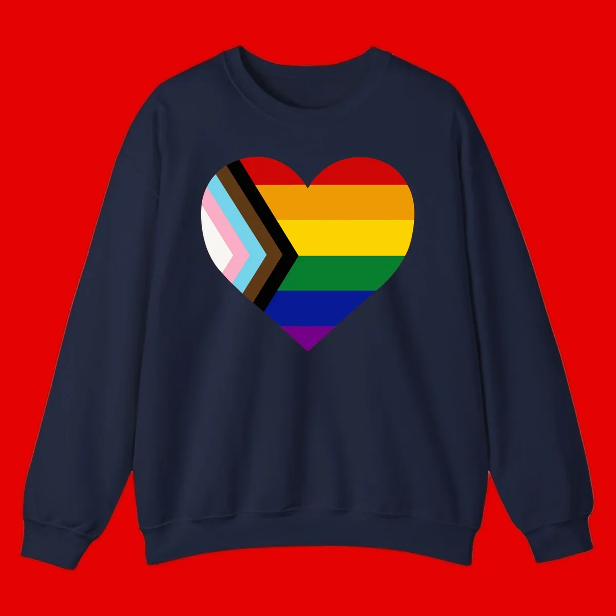 Heart-shaped design combining progress pride flag chevron on left with rainbow pride flag stripes on right side