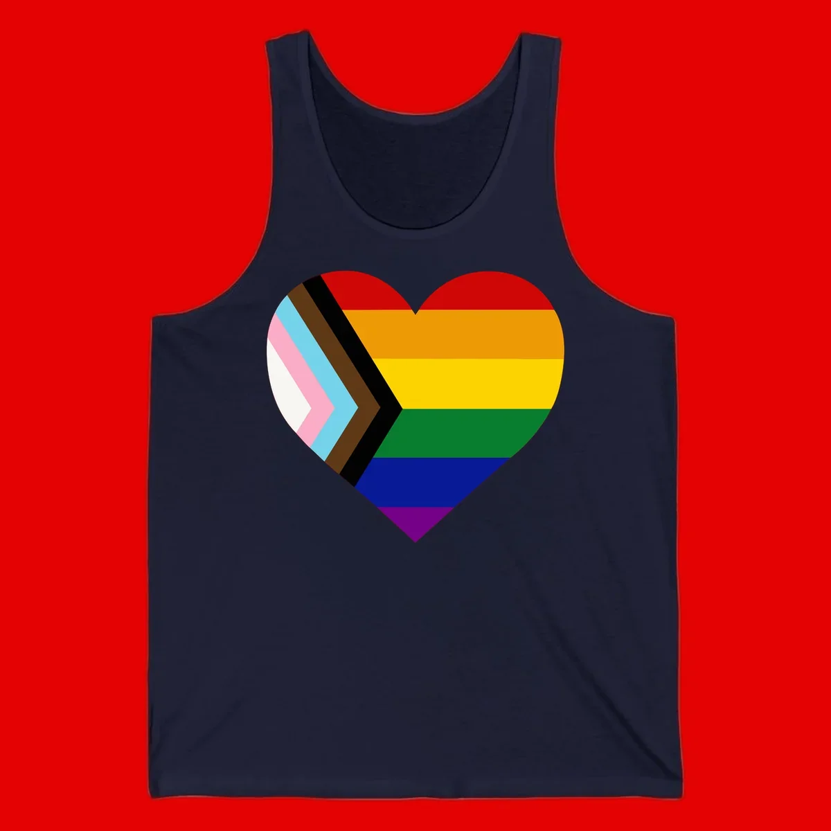 Heart-shaped design combining progress pride flag chevron on left with rainbow pride flag stripes on right side
