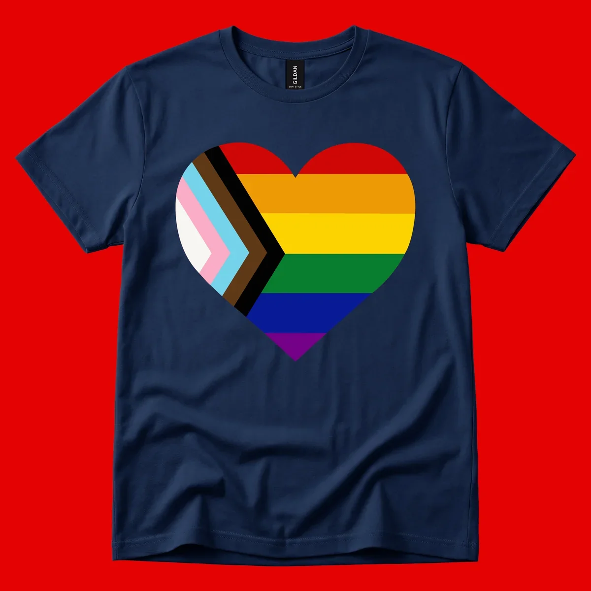 Heart-shaped design combining progress pride flag chevron on left with rainbow pride flag stripes on right side