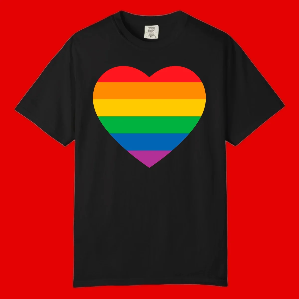 Rainbow heart design with horizontal stripes in pride flag colors: red, orange, yellow, green, blue, and purple.