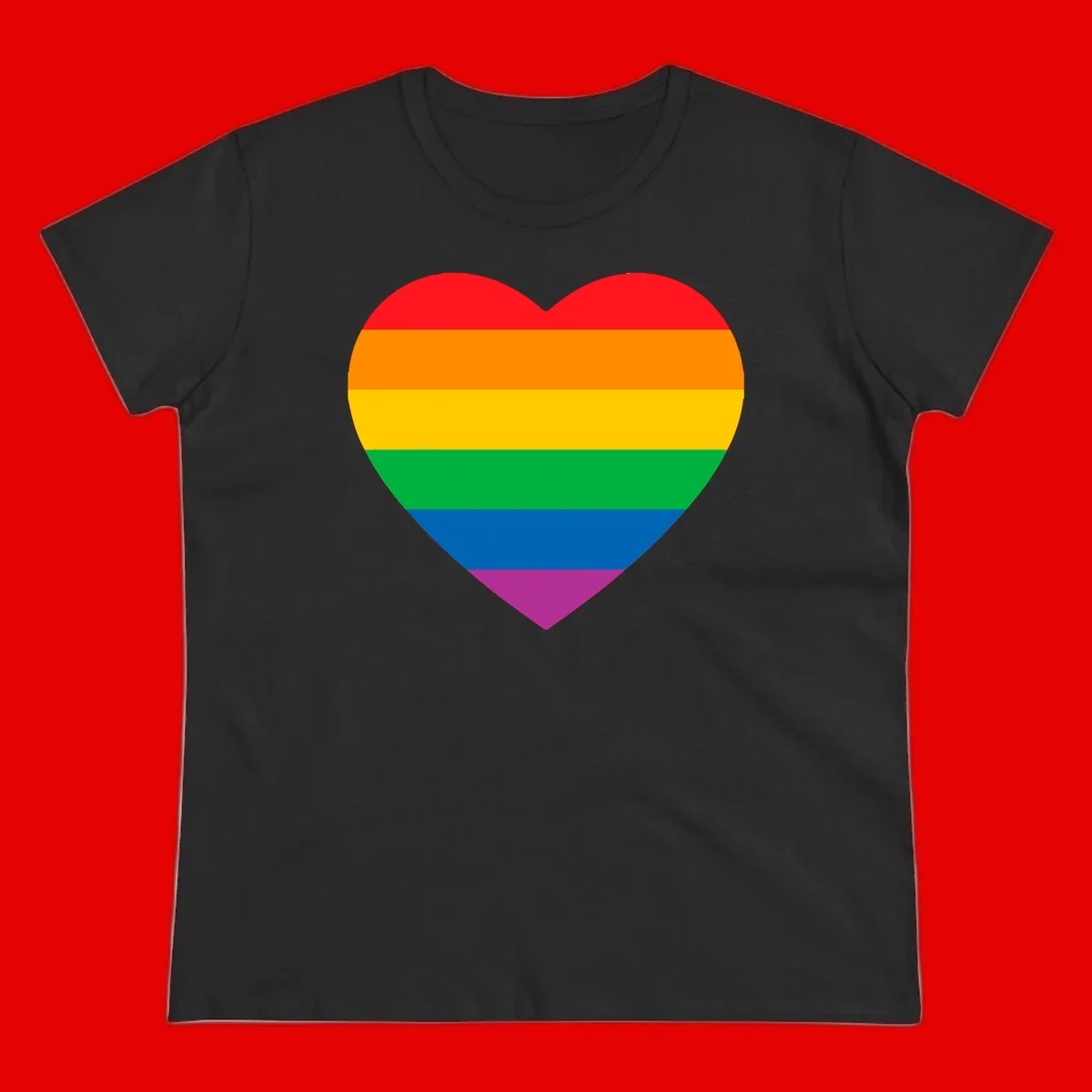 Rainbow heart design with horizontal stripes in pride flag colors: red, orange, yellow, green, blue, and purple.