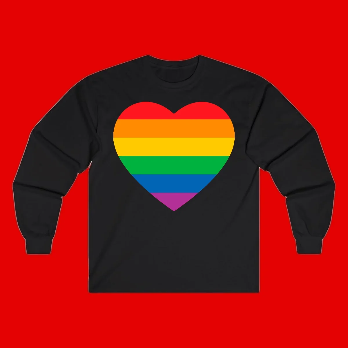 Rainbow heart design with horizontal stripes in pride flag colors: red, orange, yellow, green, blue, and purple.