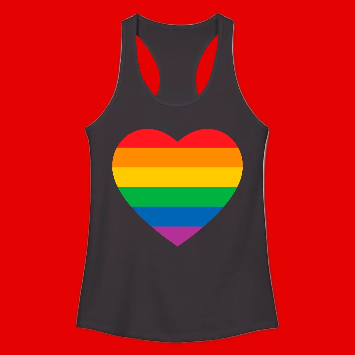 Rainbow heart design with horizontal stripes in pride flag colors: red, orange, yellow, green, blue, and purple.