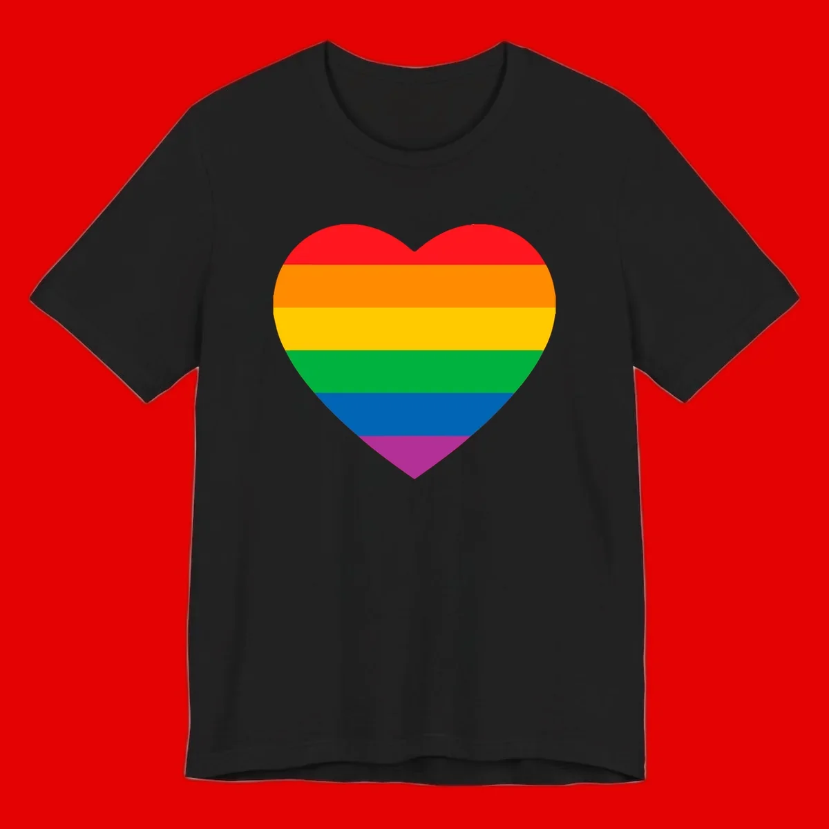 Rainbow heart design with horizontal stripes in pride flag colors: red, orange, yellow, green, blue, and purple.