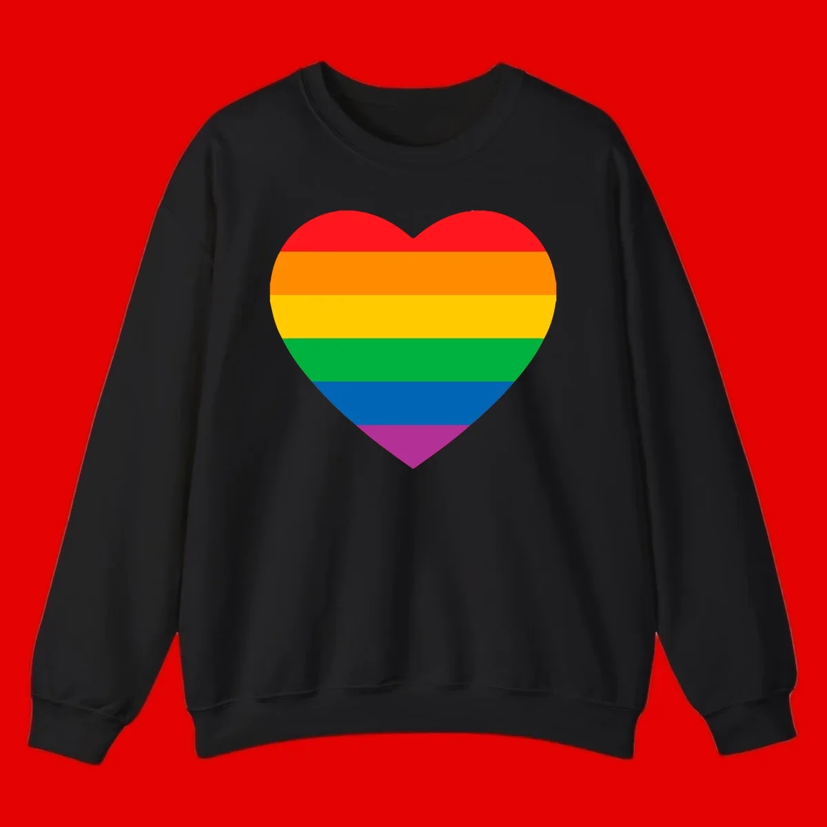 Rainbow heart design with horizontal stripes in pride flag colors: red, orange, yellow, green, blue, and purple.