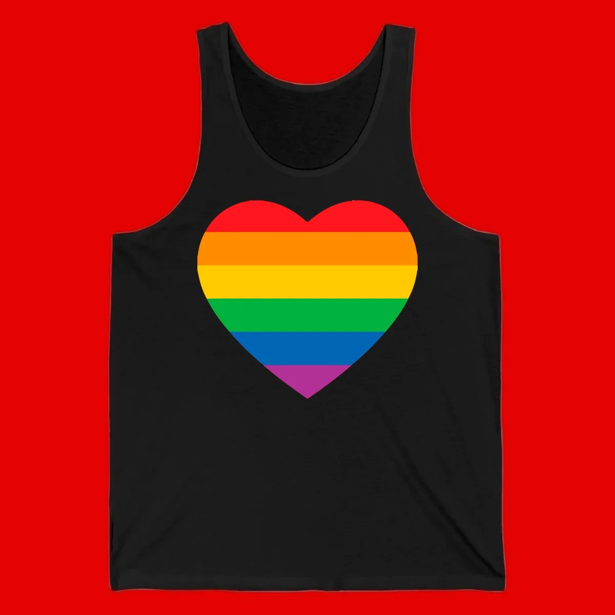 Rainbow heart design with horizontal stripes in pride flag colors: red, orange, yellow, green, blue, and purple.