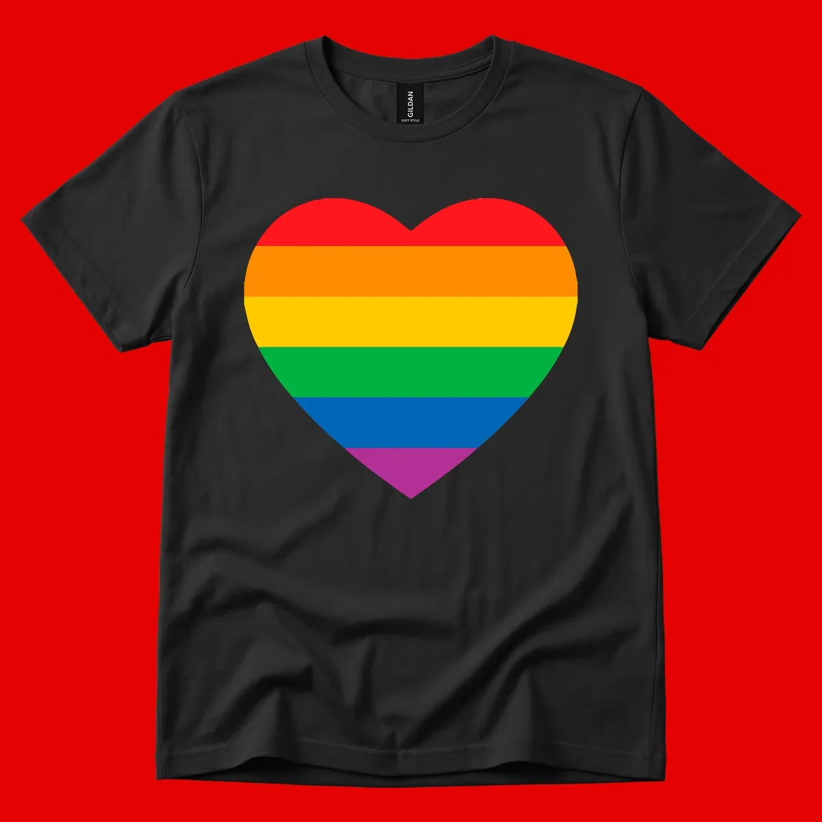 Rainbow heart design with horizontal stripes in pride flag colors: red, orange, yellow, green, blue, and purple.