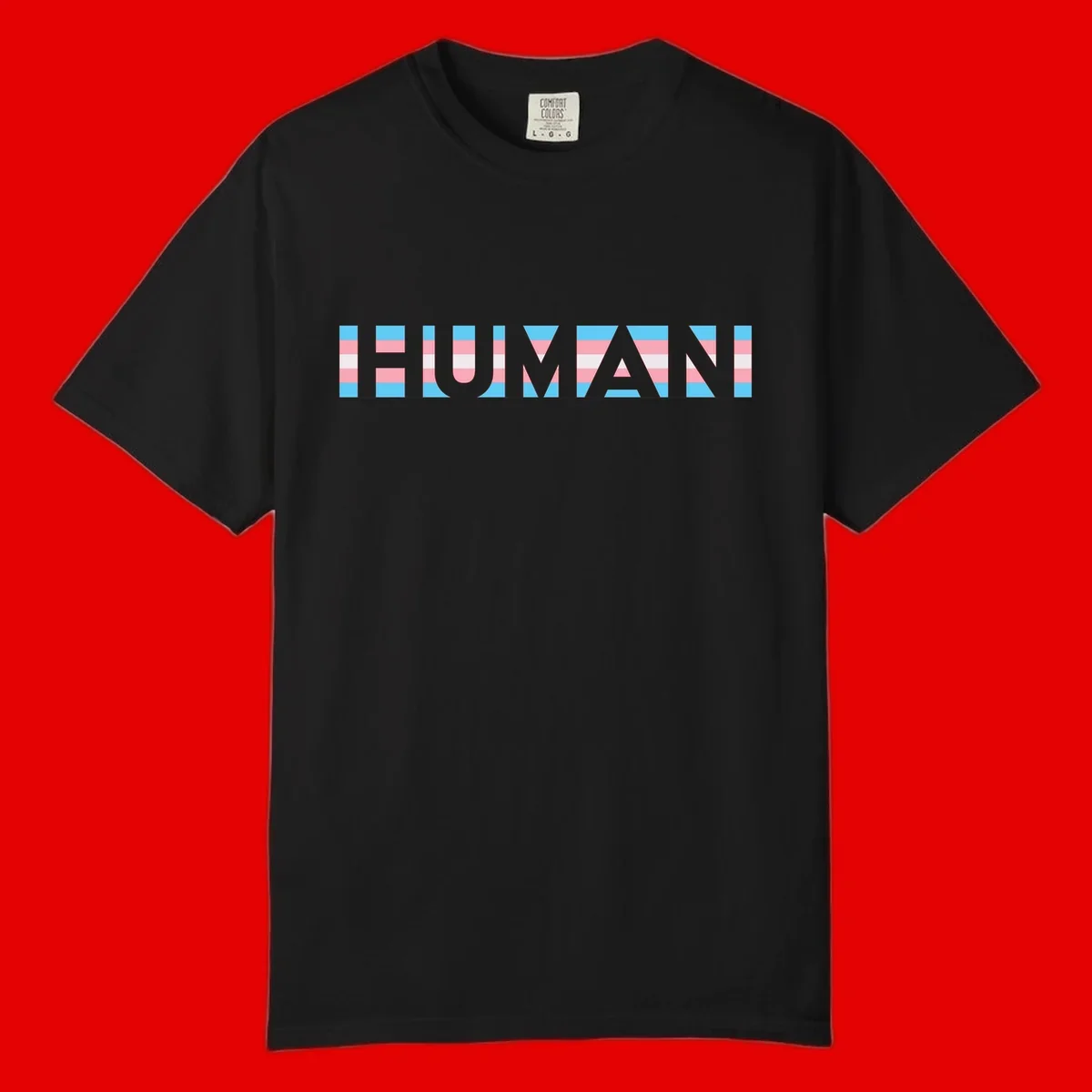 Large white letters spelling 'HUMAN' filled with horizontal blue, pink, and white stripes on gray background