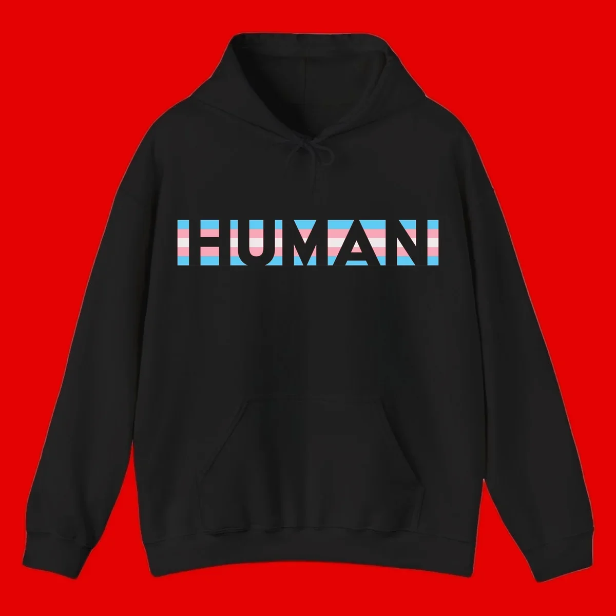 Large white letters spelling 'HUMAN' filled with horizontal blue, pink, and white stripes on gray background