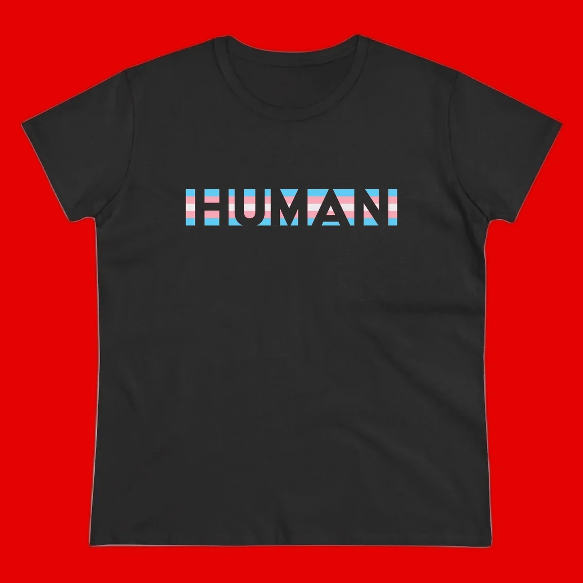 Large white letters spelling 'HUMAN' filled with horizontal blue, pink, and white stripes on gray background