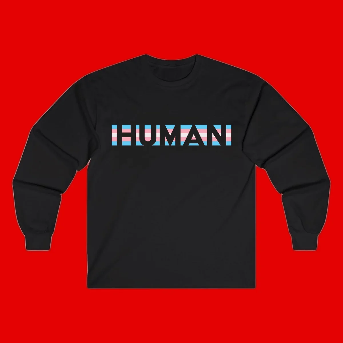 Large white letters spelling 'HUMAN' filled with horizontal blue, pink, and white stripes on gray background