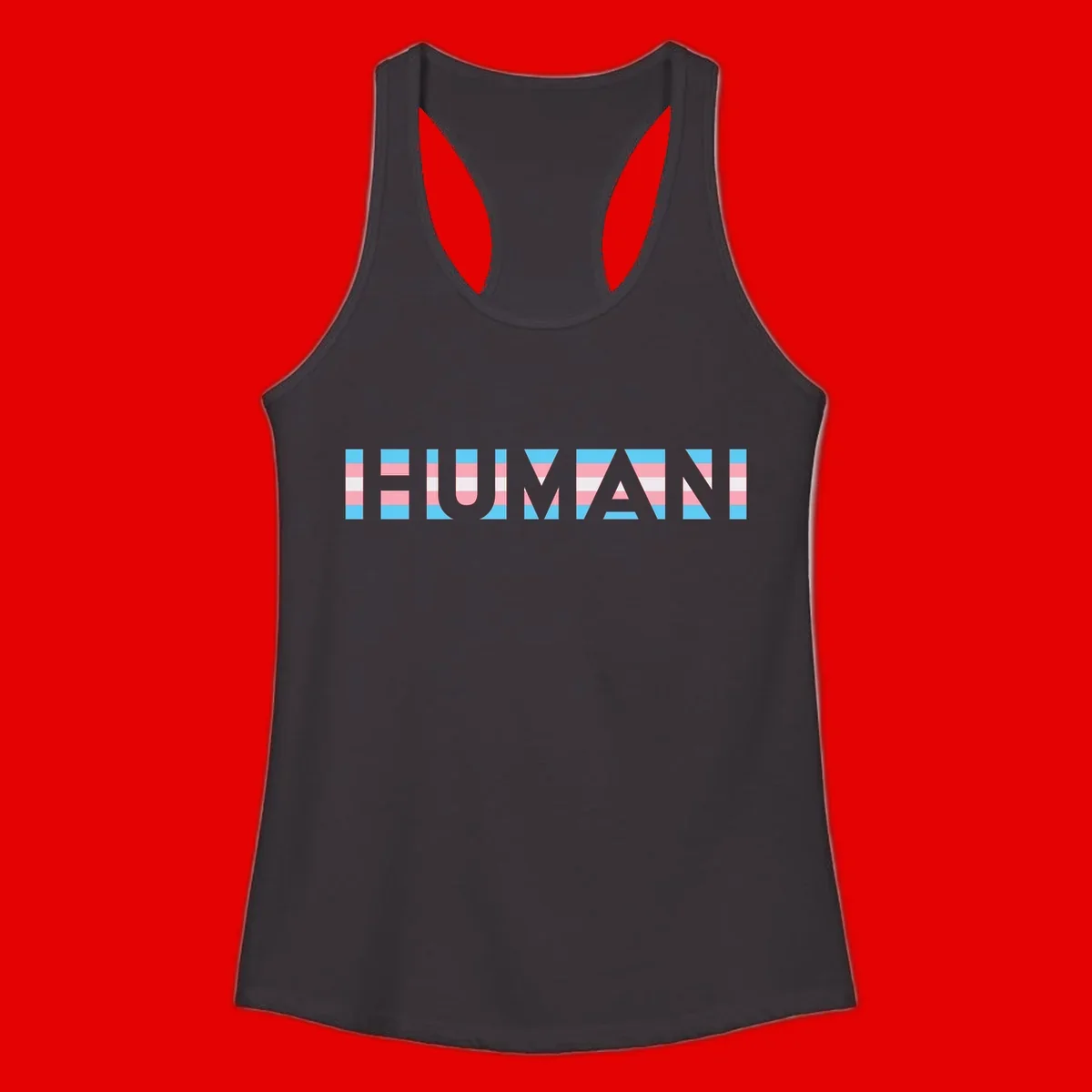 Large white letters spelling 'HUMAN' filled with horizontal blue, pink, and white stripes on gray background