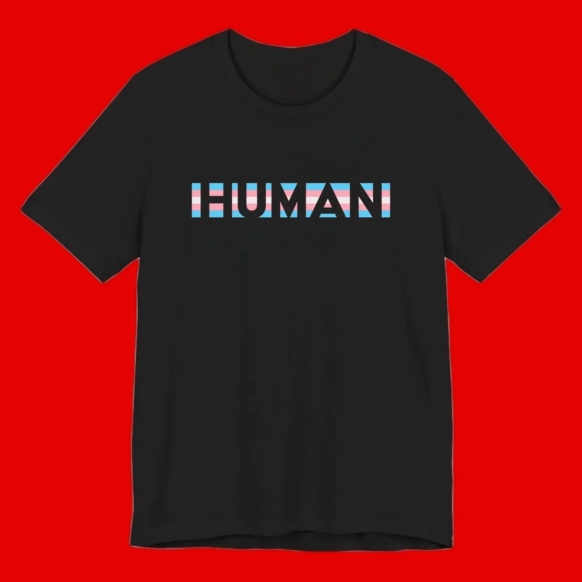 Large white letters spelling 'HUMAN' filled with horizontal blue, pink, and white stripes on gray background